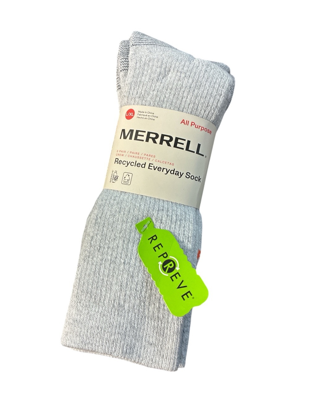 Merrell Recycled Everyday Crew Socks - Light Gray/black men’s Large/X-Large